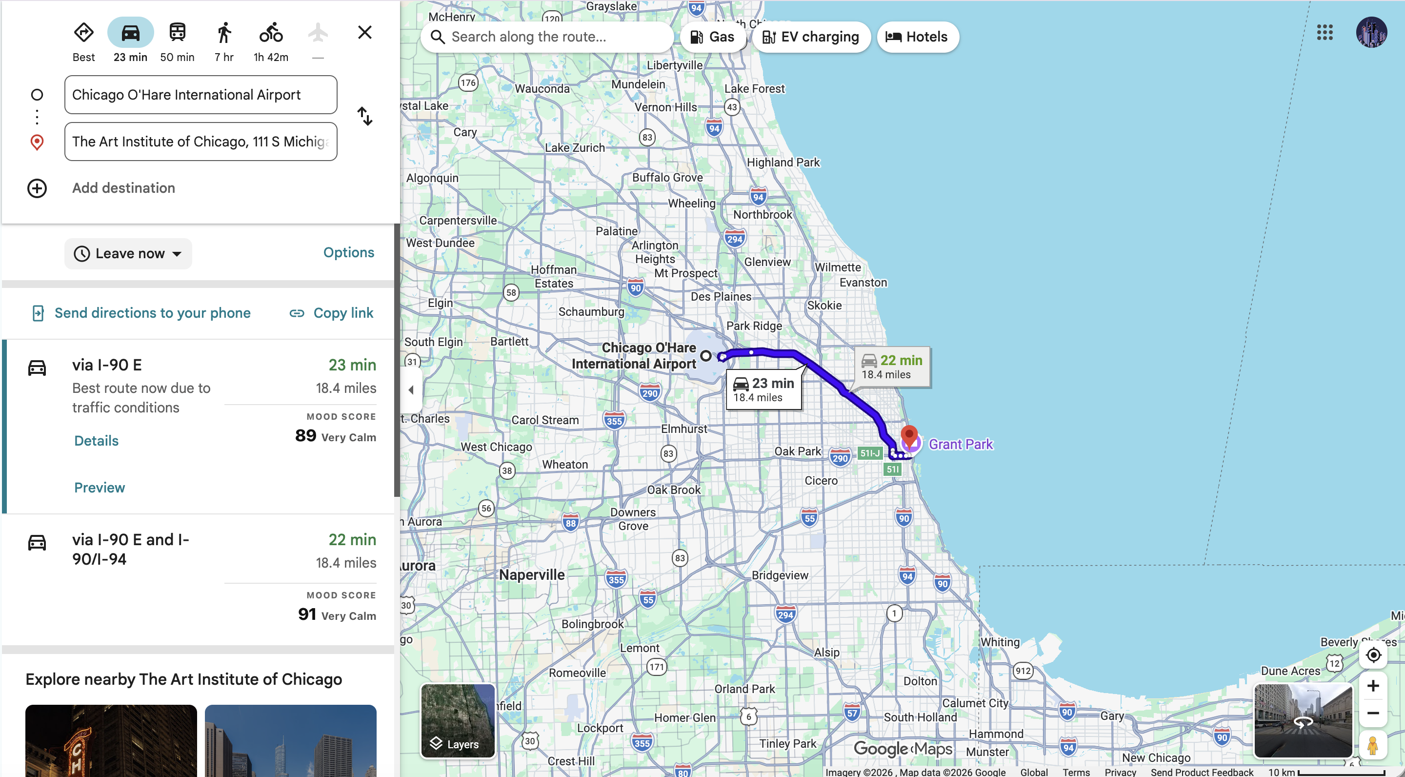 Google Maps route choices from Chicago O'Hare to the Art Institute of Chicago with Mood Scores 89 and 91