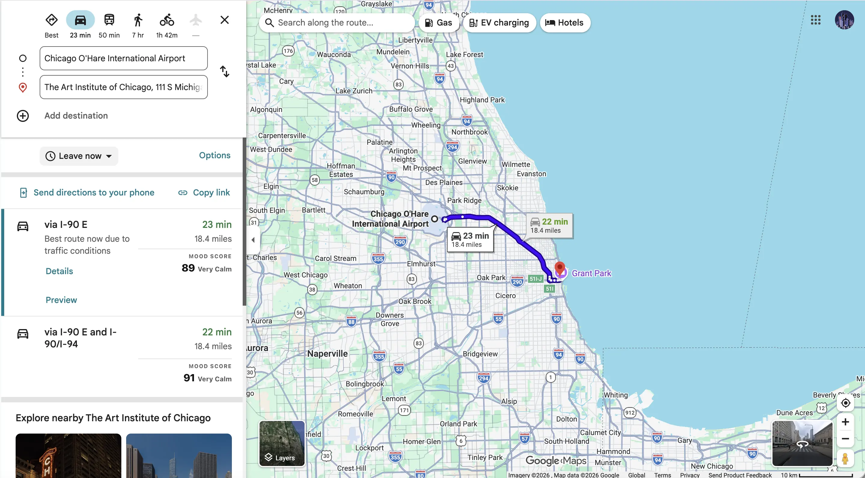 Google Maps route choices from Chicago O'Hare to the Art Institute of Chicago with Mood Scores 89 and 91