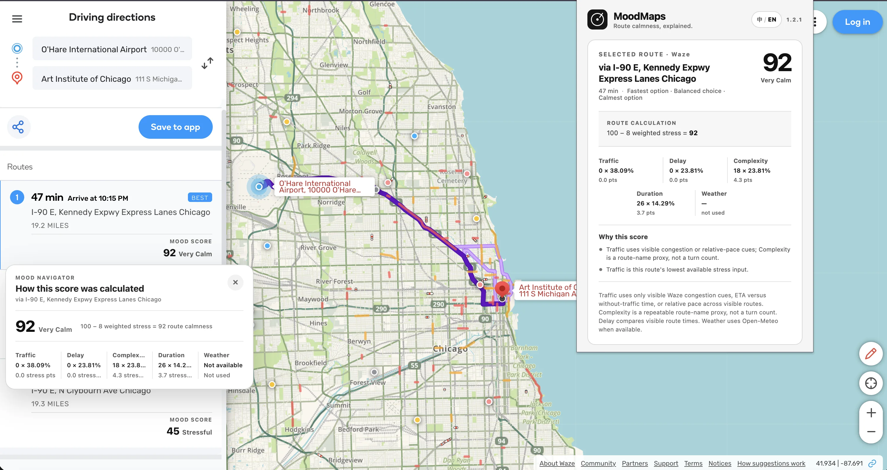 Waze route from O'Hare to the Art Institute of Chicago with a Mood Score of 92, its calculation card and the MoodMaps factor explanation panel