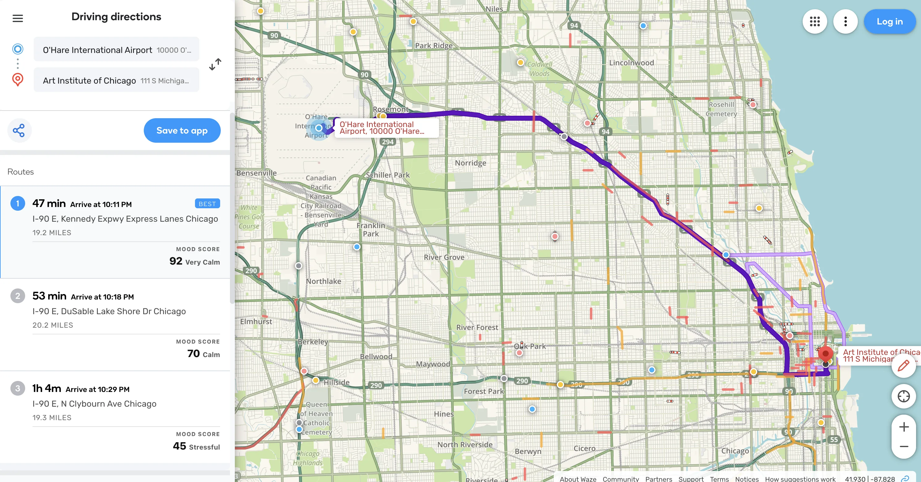 Three Mood Scores embedded in Waze route cards
